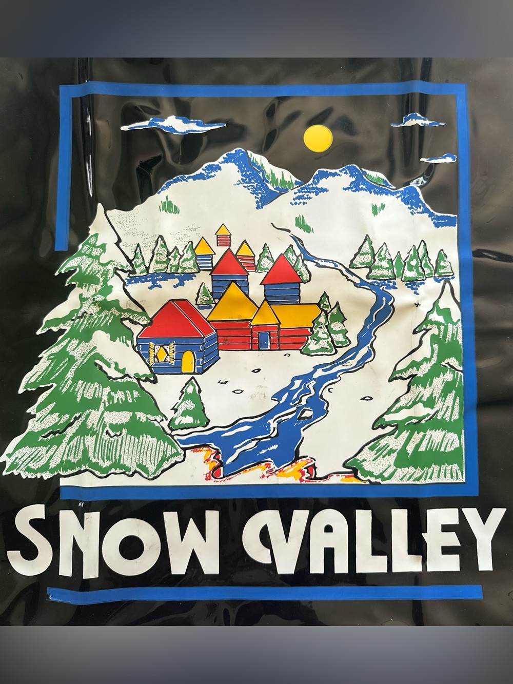Snow Valley Black Tote Bag Winter Village Graphic Retro